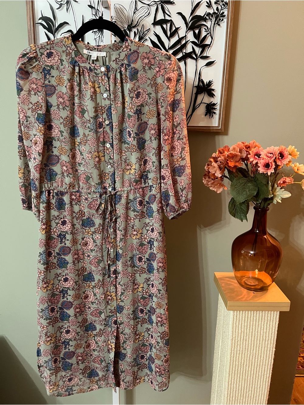DR2 Sage Green Multicolor Floral Romantic Tie-Waist Midi Dress Size XS